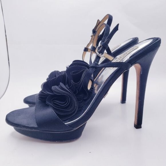 Badgley Mischka Black Adele Flower Ankle Strap Heels Shoes Women's Size 8 - Picture 4 of 11
